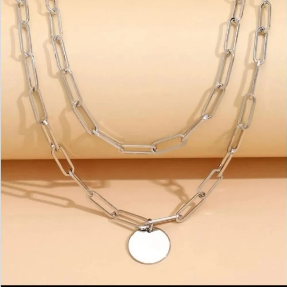 Paperclip Chain Link Coin Pendant Silver Necklace - Picture 3 of 3